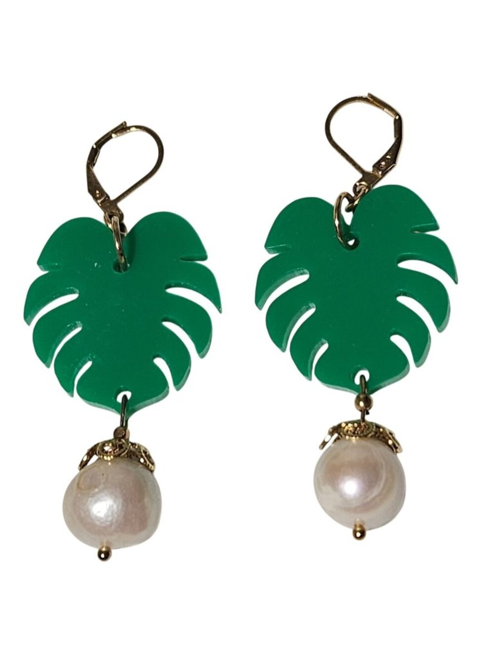Green Monstera Leaf Earrings Faux Pearl Dangle Tropical Kitschy Jewelry Women
